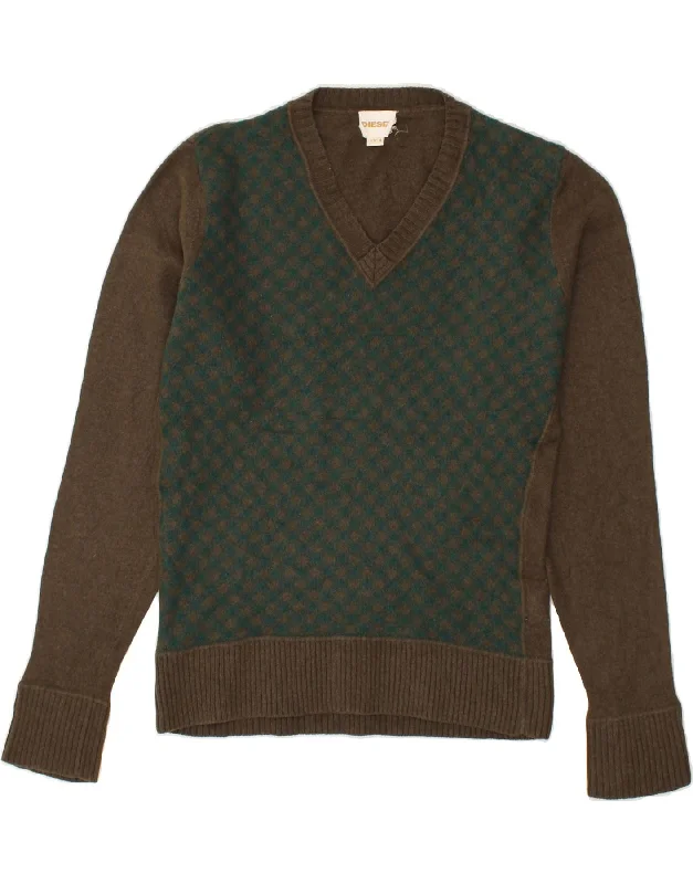 TIME-Limited Offer DIESEL Womens V-Neck Jumper Sweater UK 14 Medium Brown Colourblock Wool