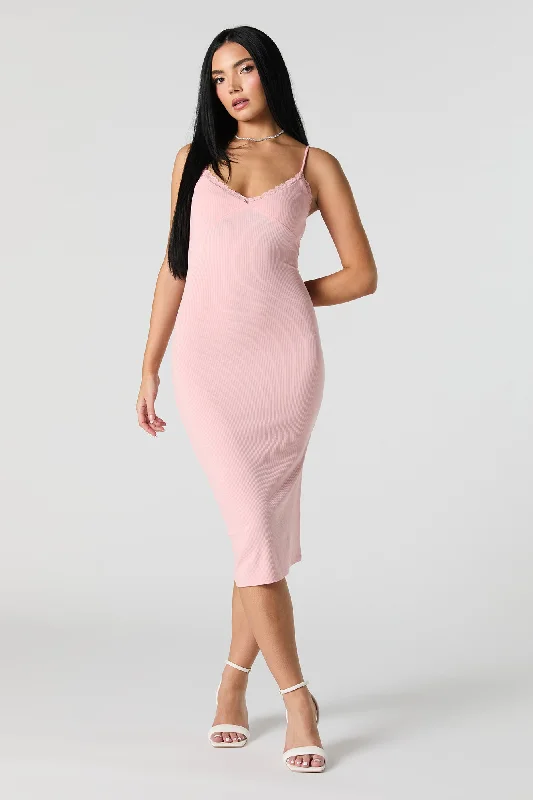 Buy More, Save More Ribbed Lace Trim V-Neck Midi Dress