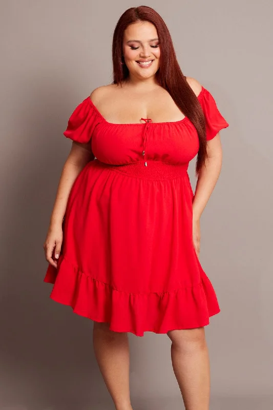 Final Sale Red Gathered Bust Tie Front Shirred Waist Minidress