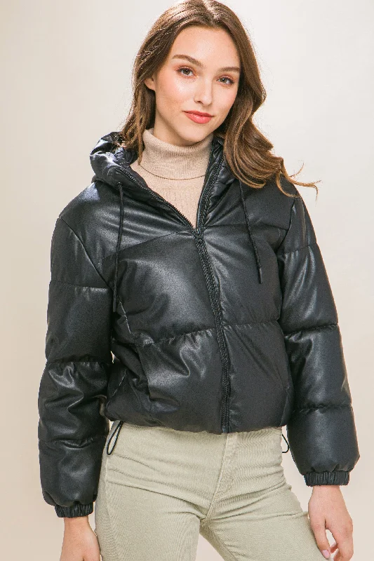 Amazing Deals Pu Faux Leather Zipper Hooded Puffer Jacket