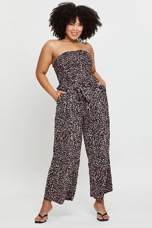 Act Fast Animal Print Jumpsuit Strapless Waist Tie