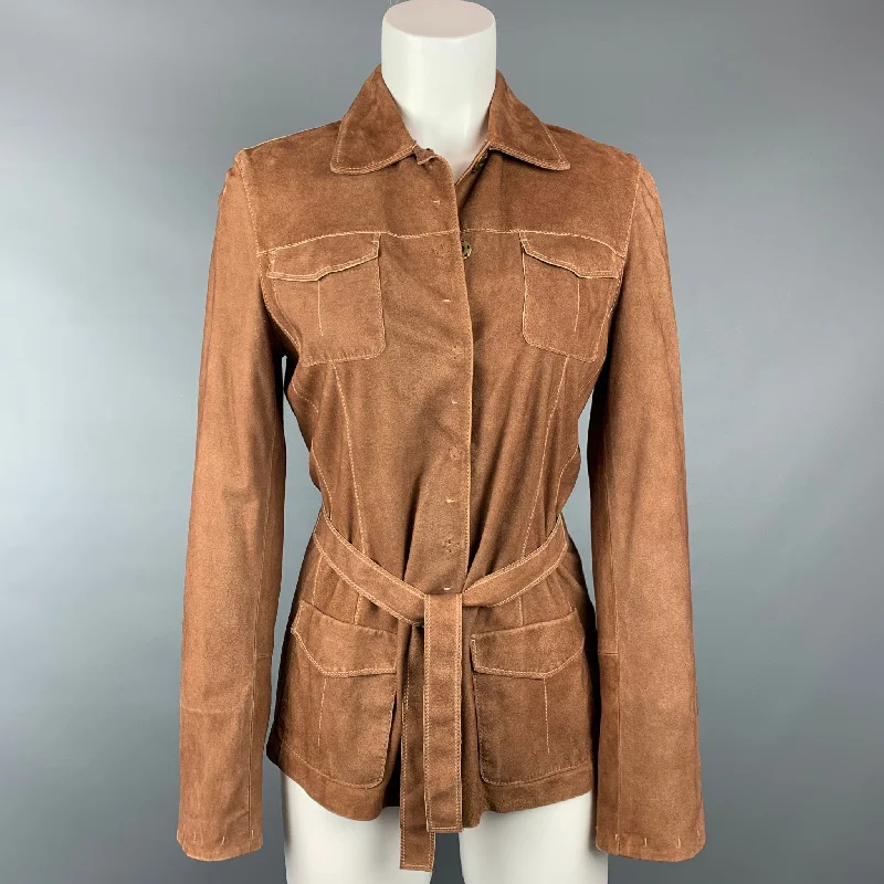 Can't Miss ELIE TAHARI Size S Tan Contrast Stitching Suede Belted Jacket