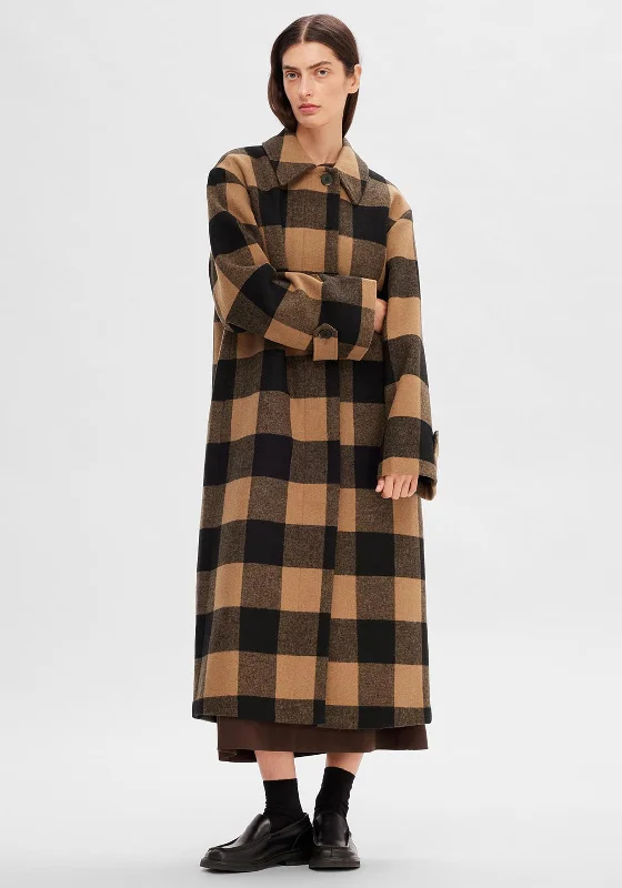 Deal Zone Selected Femme Evana Long Wool Check Coat, Toasted Coconut