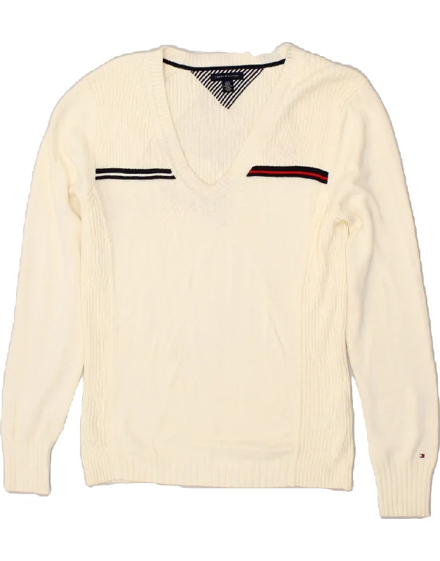 Quick Sale TOMMY HILFIGER Womens V-Neck Jumper Sweater UK 14 Large Beige Cotton