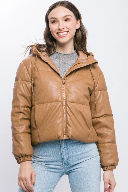 Limited Availability Pu Faux Leather Zipper Hooded Puffer Jacket