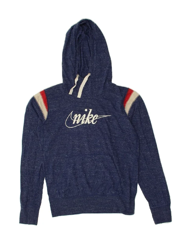 Markdowns NIKE Womens Graphic Hoodie Jumper UK 14 Medium Navy Blue Flecked Cotton