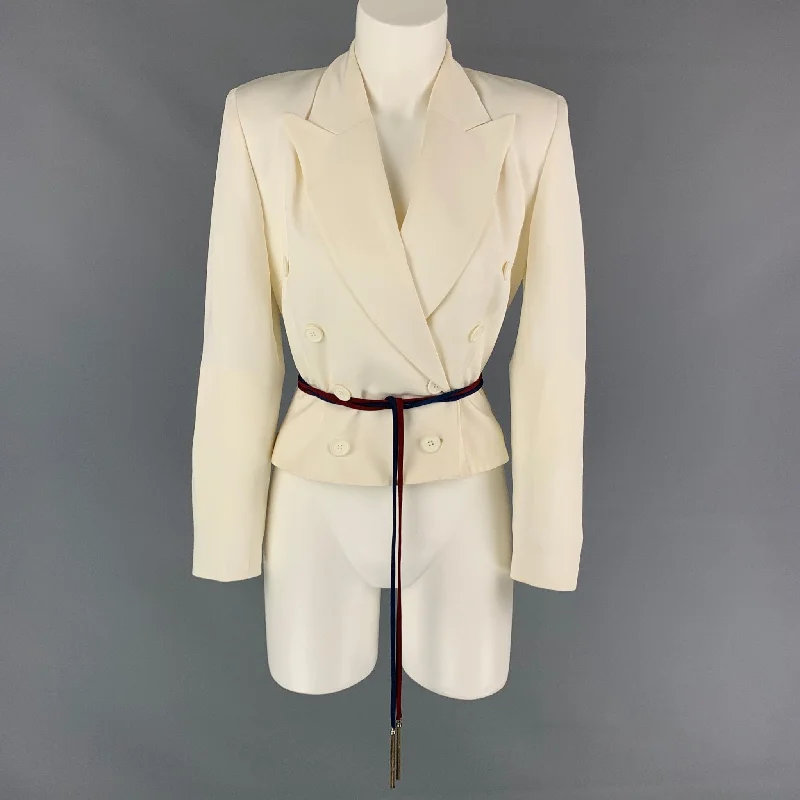Closeout OZBEK Size 6 Cream Acetate Blend Double Breasted Belted Jacket