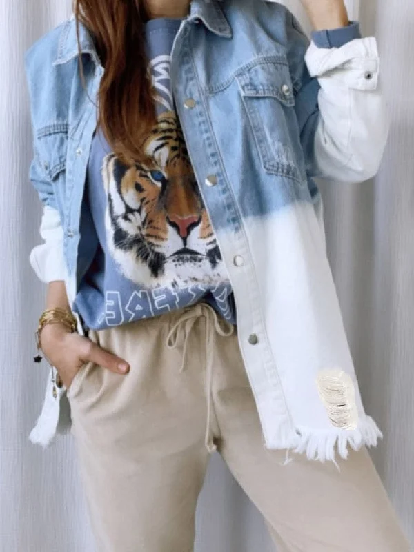 Price Slash Vintage Denim Coat with Chic Rip Details and Loose Lapel