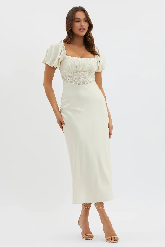 Weekend Flash Sale Allianna Puff Sleeve Lace Waist Midi Dress Butter