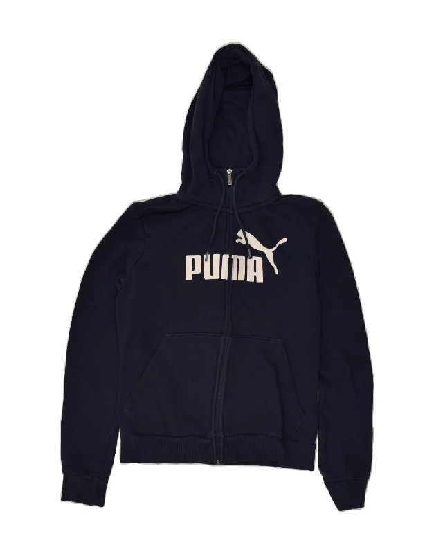 Early Access PUMA Womens Graphic Zip Hoodie Sweater UK 10 Small Navy Blue Cotton