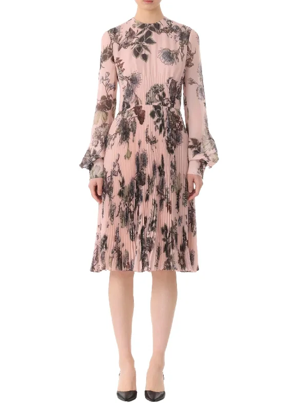 Shop and Save Forest Floral Long Sleeve Pleated Dress In Rose/pink
