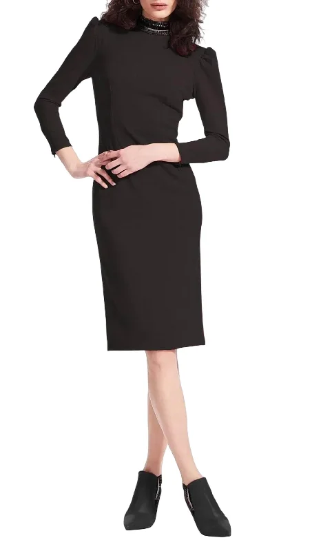 Act Fast Beaded Neck Long Sleeve Dress In Black
