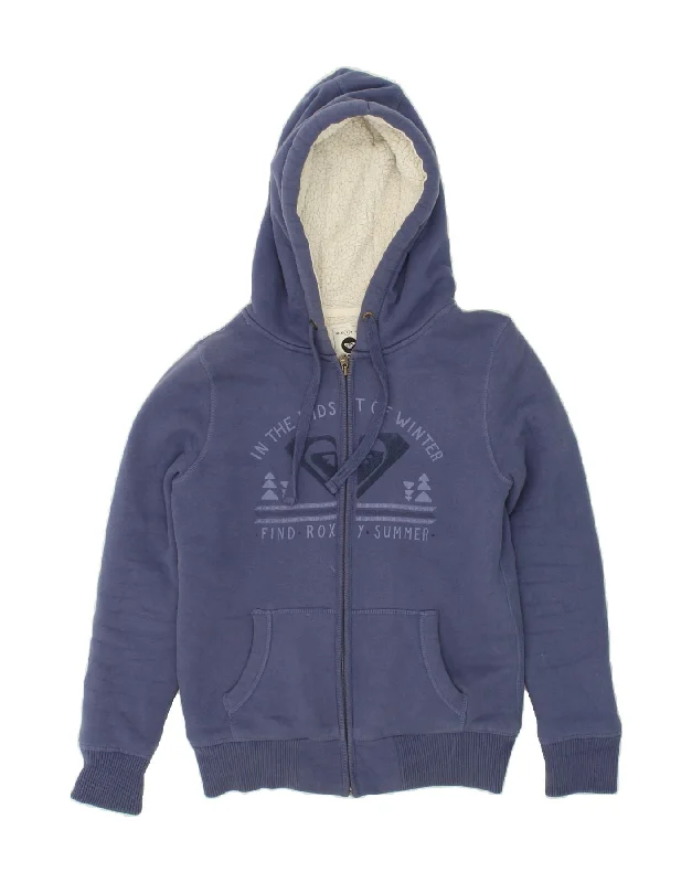 Final Clearance ROXY Womens Graphic Zip Hoodie Sweater UK 10 Small Navy Blue Cotton