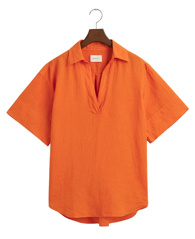 Closeout Relaxed Fit Linen Popover Short Sleeve Shirt - Pumpkin Orange