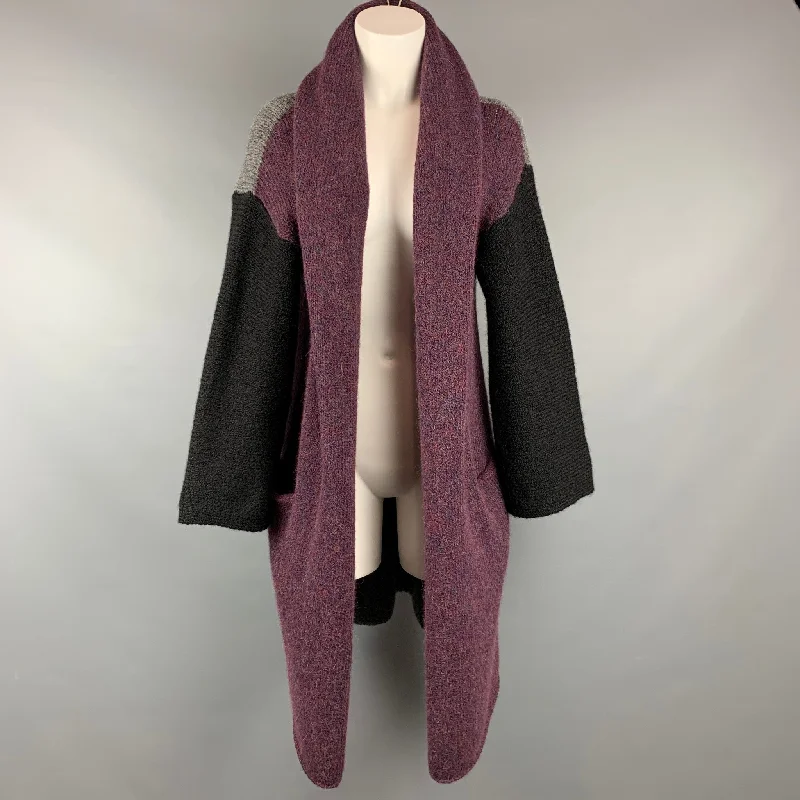 Overstock ROBERTA ROLLER RABBIT Size S Burgundy & Grey Knitted Color Block Alpaca / Nylon Hooded Coat