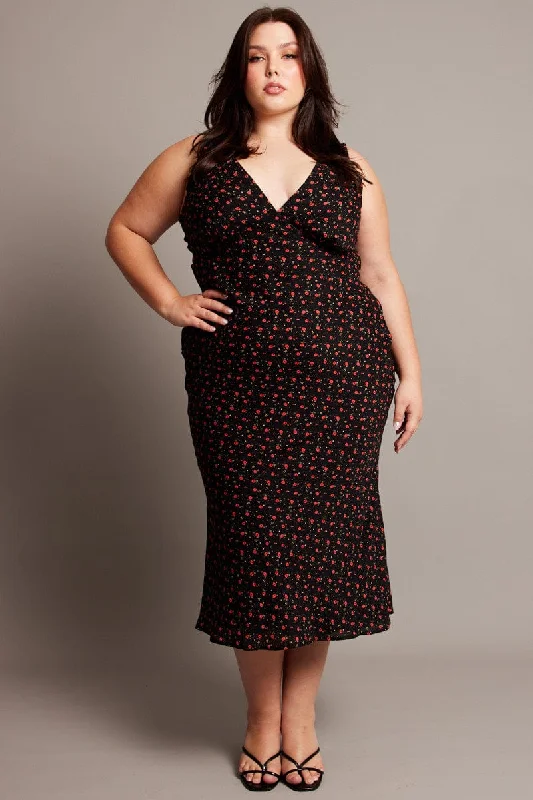 New Arrival Black Floral Midi Dress Sleeveless V-neck