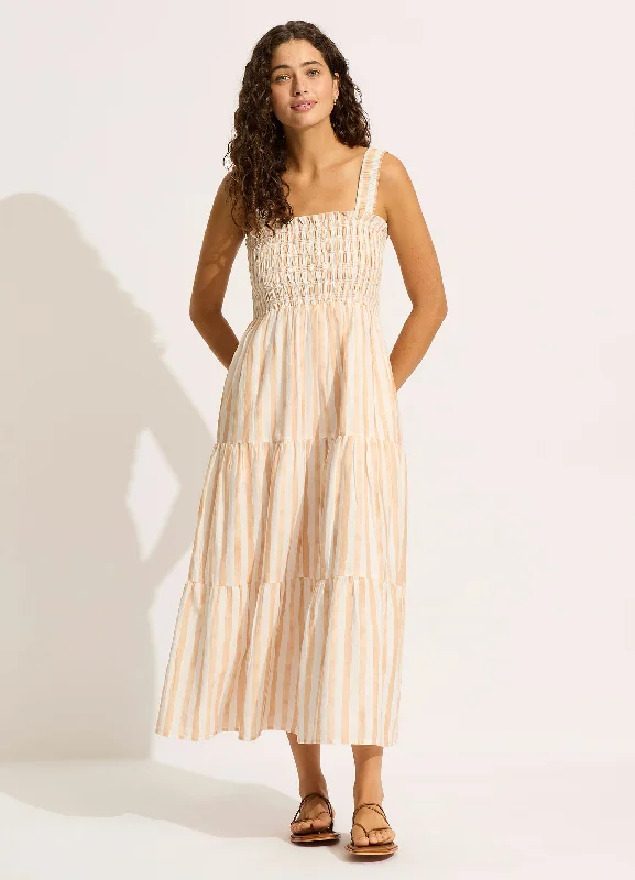 Deal Mania Shirred Midi Dress - Ecru