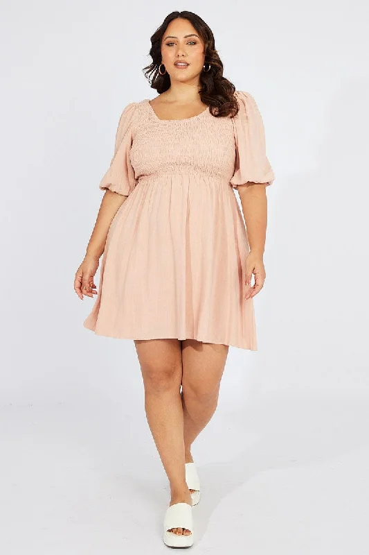 Act Fast Beige Shirred Bodice Scoop Neck Minidress Linen Blend