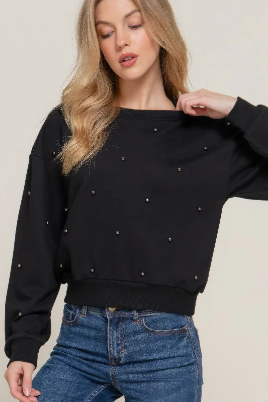 Flash Deals Long Slv Pearl Stud Detail Sweatshirt