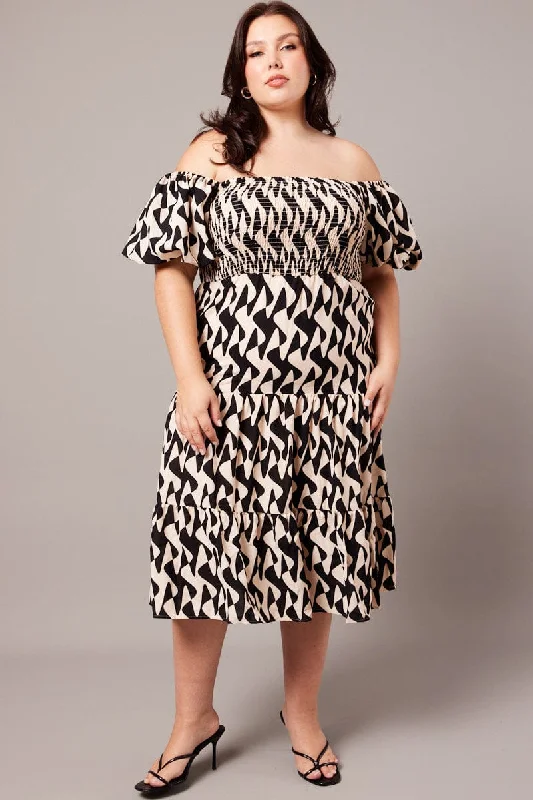 Best Bargains Black Abstract Midi Dress Short Sleeve Shirred