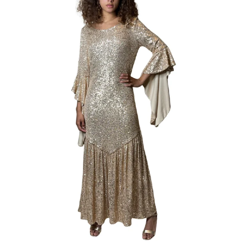 New Markdowns Peekaboo Hire - 1990's Original Vintage Gold Sequin Bell Sleeve Dress UK 8 - 12