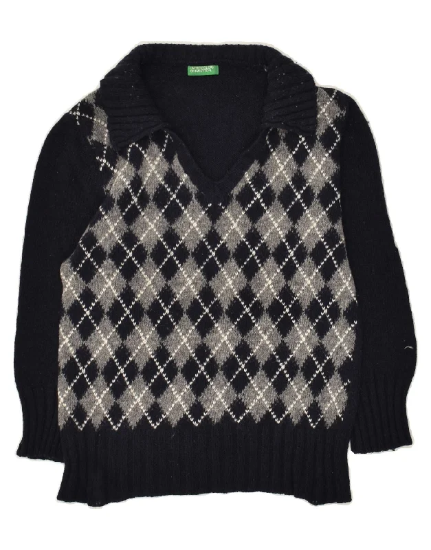 Low Prices BENETTON Womens 3/4 Sleeve Polo Neck Jumper Sweater UK 8 Small Navy Blue