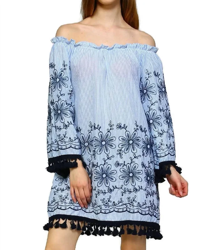 Deal Zone Embroidered Off The Shoulder Tassel Dress In Blue