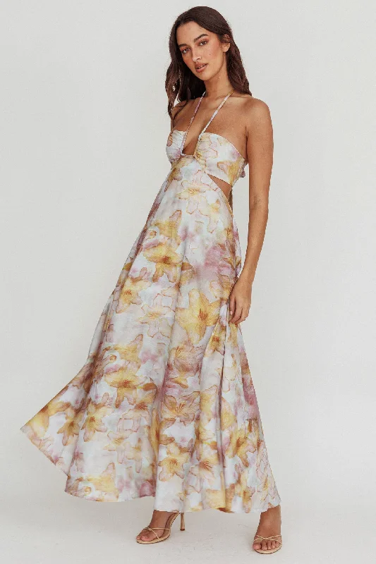 Deal Alert Onika Cut-Out Tied Back Floral Maxi Dress Yellow