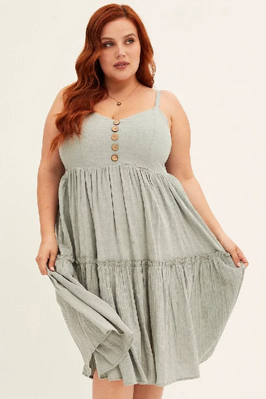 Limited Time Offer Green Light Blue Sleeveless Button Front Skater Dress