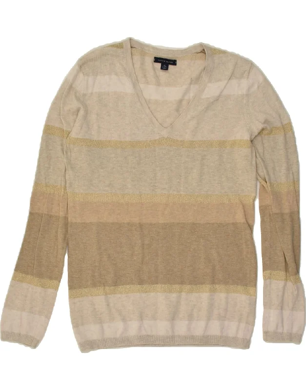 Major Savings TOMMY HILFIGER Womens V-Neck Jumper Sweater UK 6 XS Beige Striped Cotton