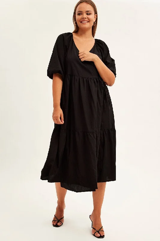 Instant Discount Black Maxi Dress Wrap Short Sleeve