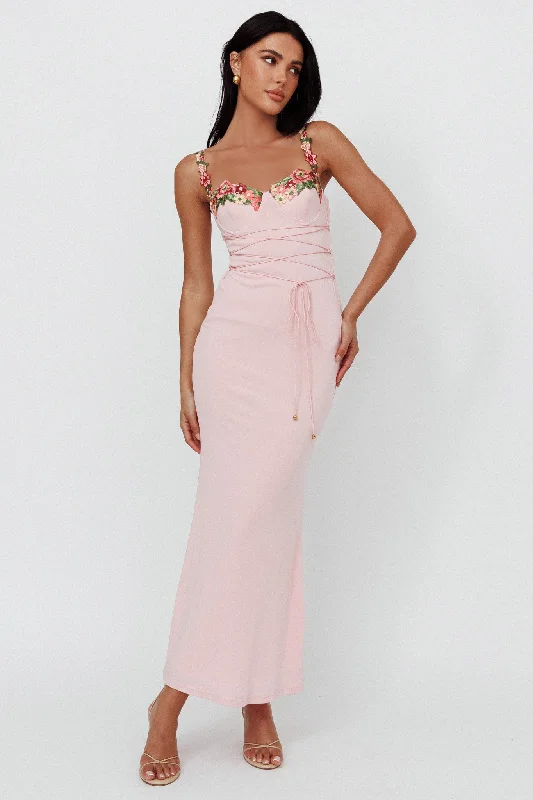 Price Slash Rose Garden Floral Applique Laced Midi Dress Baby Pink