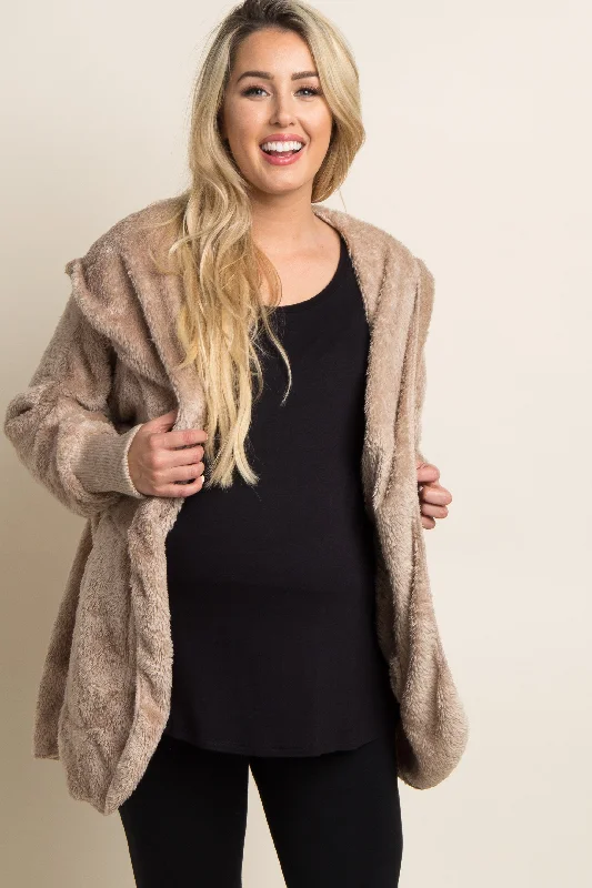 Clearance Event Taupe Fuzzy Hooded Long Sleeve Maternity Jacket