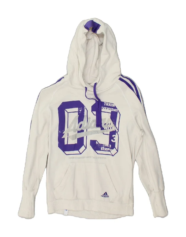 Price Reduction ADIDAS Womens Graphic Hoodie Jumper UK 10 Small White Cotton
