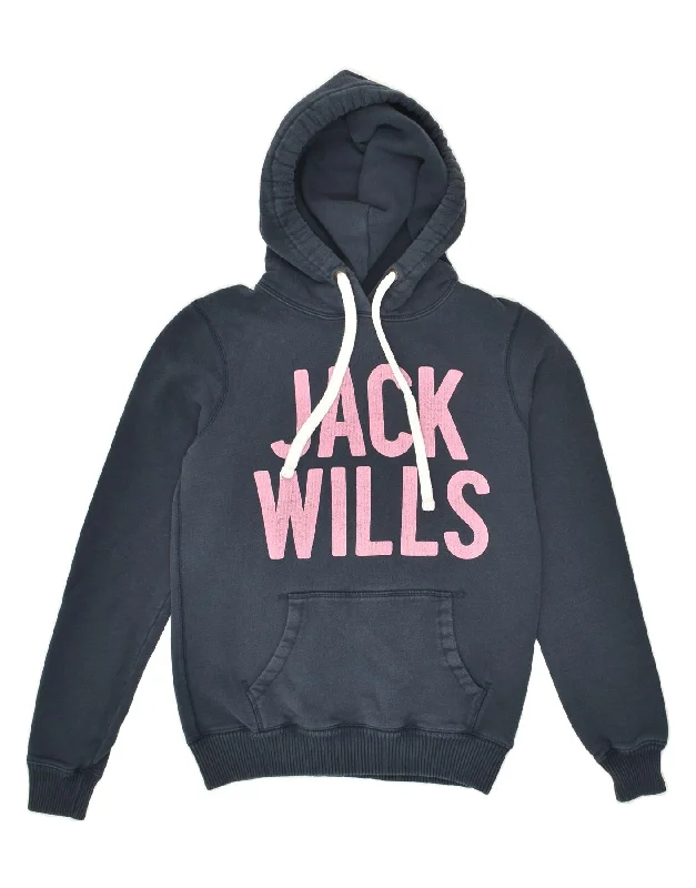 Holiday Sale JACK WILLS Womens Graphic Hoodie Jumper UK 8 Small  Navy Blue Cotton